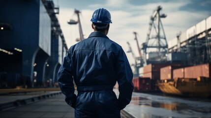 A man in a coverall suit looking ahead at a ship dockyard. - obrazy, fototapety, plakaty