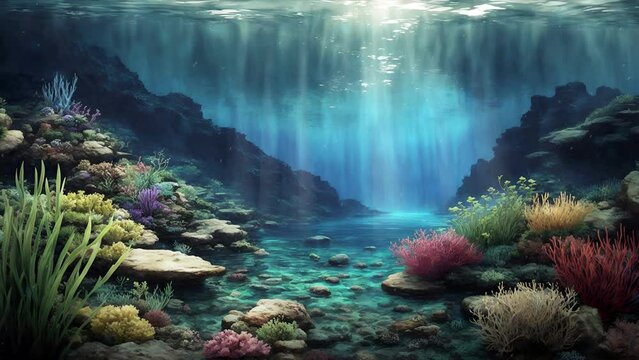 Tranquil underwater scene with colorful marine plants and coral reef in clean turquoise water on ocean floor and sun rays from surface. Undersea background 3D animation rendered in 4K