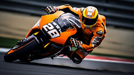 A dynamic shot of a MotoGP rider leaning into a corner at high speed, showcasing the precision and skill required 