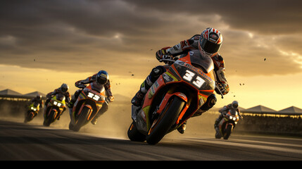 The MotoGP riders racing in a tight pack, creating a thrilling spectacle as they navigate the circuit together  - obrazy, fototapety, plakaty