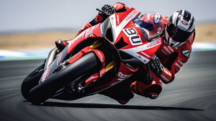 The MotoGP rider's knee nearly touching the ground as they corner, a display of the bike's exceptional handling 