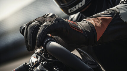 A close-up of a rider's gloved hand gripping the throttle, ready to unleash the bike's power on the racetrack  - obrazy, fototapety, plakaty