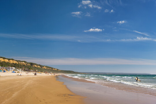 Sandy Atlantic ocean beach at Fonte da Telha beach, Costa da Caparica, Portugal