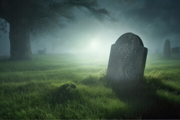 A lone, unidentified gravestone stands in an old cemetery at night lit by a moonlight - obrazy, fototapety, plakaty