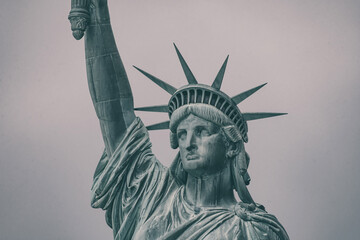 New York, New York, United States. August 07, 2023. Dramatic and detailed image of the Statue of...