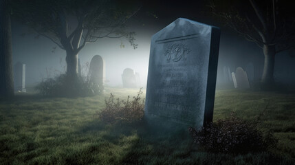 A lone, old unidentified gravestone stands in the moonlight against a backdrop of fog-shrouded tombs and shadowy trees - obrazy, fototapety, plakaty