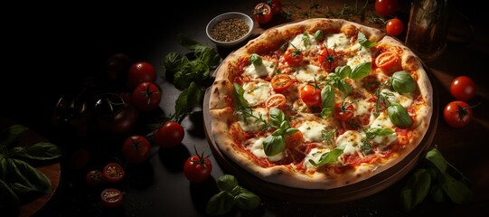 Fototapeta na wymiar Margherita Pizza: A simple and flavorful pizza topped with fresh tomatoes, mozzarella cheese, and basil leaves. Generated with AI