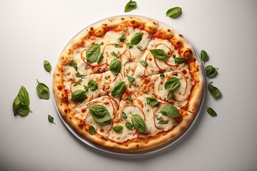 Fototapeta na wymiar Margherita Pizza: A simple and flavorful pizza topped with fresh tomatoes, mozzarella cheese, and basil leaves. Generated with AI