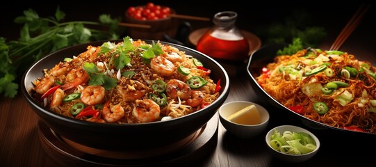 Pad Thai: A popular Thai noodle dish with stir-fried rice noodles, shrimp or chicken, tofu, bean sprouts, and peanuts.Generated with AI