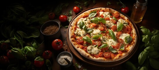 Margherita Pizza: A simple and flavorful pizza topped with fresh tomatoes, mozzarella cheese, and basil leaves. Generated with AI