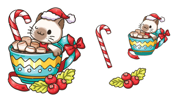 Cute design element cartoon, cartoon illustration of little cat with hot chocolate for Christmas character elements, Cartoon illustration for children, Vector image.