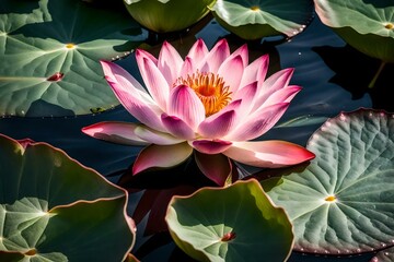 pink water lily, A super realistic beautiful pink lotus flower blooms gracefully in a serene pond