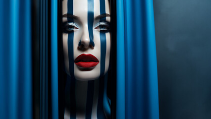 Gesicht einer schönen Frau im futuristischen Design gestreift mit Airbrush Nahaufnahme, ai generativ