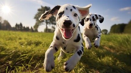 Nice funny Dalmatian dogs group running and playing on green grass, sunny day - obrazy, fototapety, plakaty
