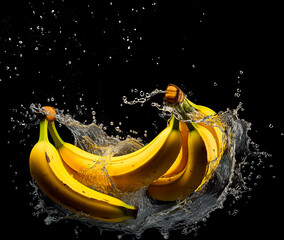 Banana water splash. Freshness and delicious fruit. Isolated on black background.