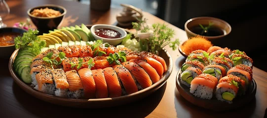 Zelfklevend Fotobehang Sushi Platter: Assorted sushi rolls featuring fresh fish, avocado, cucumber, and rice, served with soy sauce and wasabi. © Chanwit