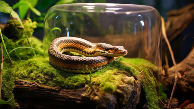 A shot of a pet snake in a terrarium slithering through a hollow log hide.