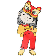 Cute girl wearing Lion dance hat,decorative for Chinese new year festival.Creative with illustration in flat design.