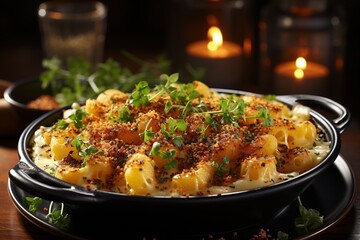 Truffle Macaroni and Cheese: Elevate the classic comfort dish with the addition of black truffle, a harmonious blend of flavors. Generated with AI - obrazy, fototapety, plakaty