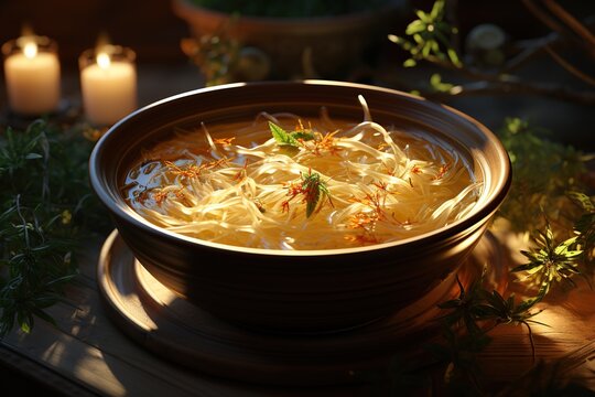 Bird's Nest Soup: Discover the delicacy of bird's nest, prepared in a nourishing and exquisite soup.Generated with AI