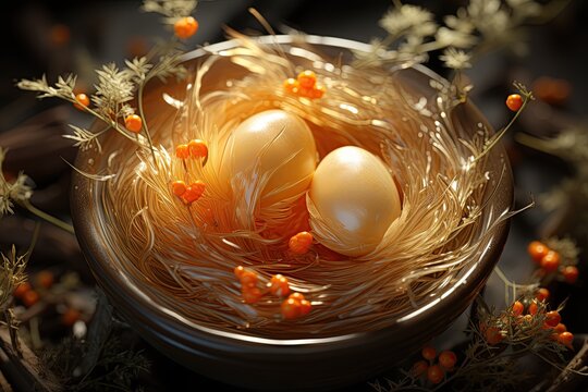 Bird's Nest Soup: Discover the delicacy of bird's nest, prepared in a nourishing and exquisite soup.Generated with AI