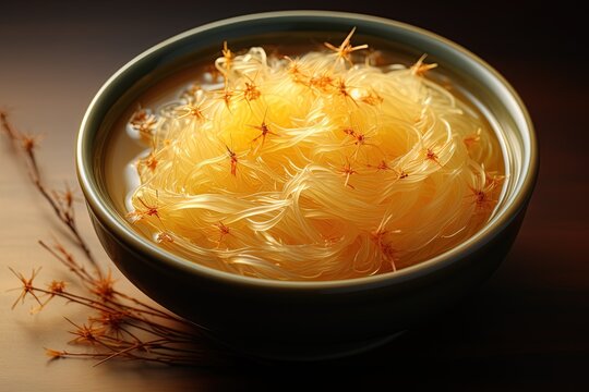 Bird's Nest Soup: Discover the delicacy of bird's nest, prepared in a nourishing and exquisite soup.Generated with AI