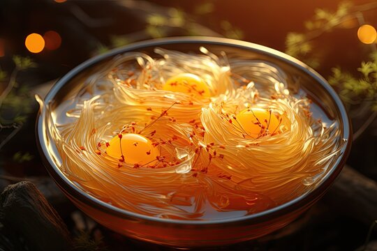 Bird's Nest Soup: Discover the delicacy of bird's nest, prepared in a nourishing and exquisite soup.Generated with AI