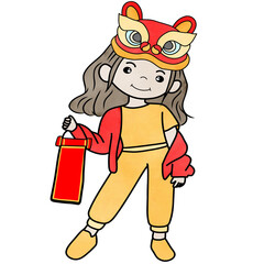 Cute girl wearing Lion dance hat,decorative for Chinese new year festival.Creative with illustration in flat design.
