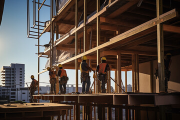 Naklejka premium Construction Workers Transforming the Landscape. Scene captures the dedicated efforts of construction workers on a bustling construction site at sunset. Ai generated