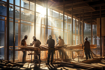 Fototapeta na wymiar Construction Workers Transforming the Landscape. Scene captures the dedicated efforts of construction workers on a bustling construction site at sunset. Ai generated