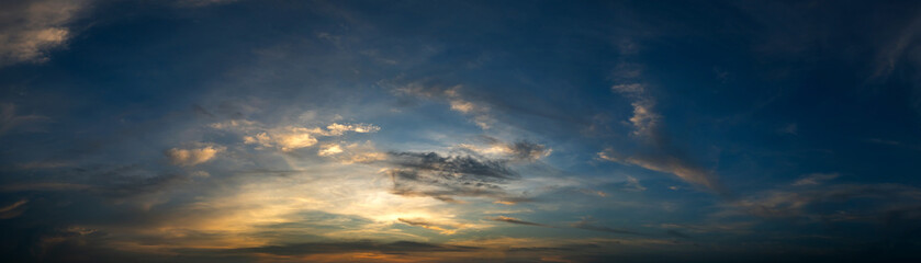 Panorama vivid sky.Panorama of a twilight sunset and colorful clouds - sunlight with dramatic cloud.Cloud sky for replacement concept.