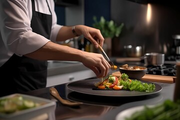 A chef making food . a man cooking in the kitchen.  