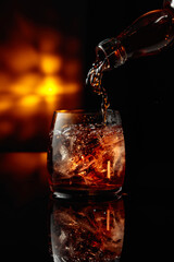 Pouring whiskey into a glass with ice.