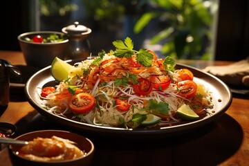 Som Tum: Delight in the refreshing and zesty green papaya salad, bursting with a combination of sweet, sour, and spicy notes.Generated with AI