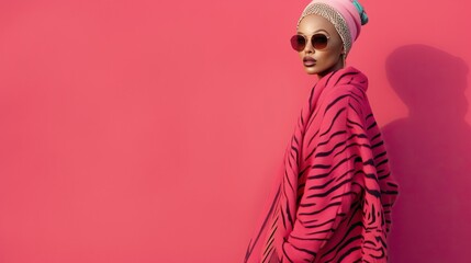 Stylish modern fashion black African American woman in African head wrap wearing pink cloth on pink background, fashion doll, web banner