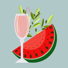 glass cocktail glass, ice, orange and lime inside. a glass with a cocktail and ice. a party. holiday. around a twig and a piece of watermelon