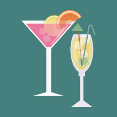 glass cocktail glass, ice, orange and lime inside. a glass with a cocktail and ice. a party. holiday