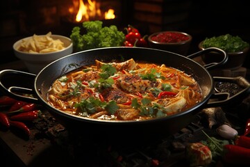 Fototapeta premium Gaeng Daeng: Revel in the fiery and aromatic red curry, featuring succulent meat or tofu in a spicy coconut sauce.Generated with AI