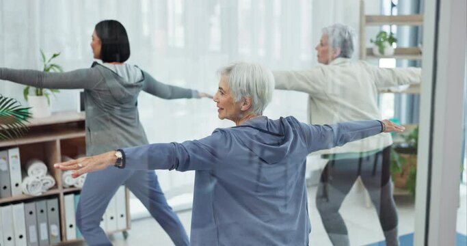 Woman, personal trainer and physiotherapist in elderly care for yoga class or spiritual wellness at old age home. Female nurse, yogi or caregiver helping senior people in calm zen for body exercise