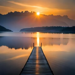 sunset over a pier on a lake.