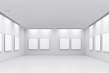Contemporary art gallery interior featuring multiple empty frames on white walls, a mockup for showcasing art or designs