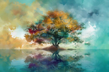 - Colorful tree in the lake, Digital painting  , generative ai
