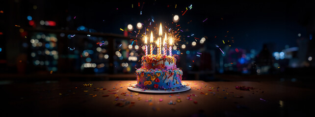 Schöne Geburtstagstorte mit Kerzen und Lichter Bokeh im Hintergrund, ai generativ