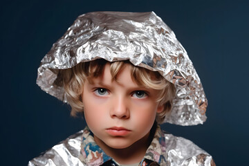 suspicious caucasian kid in foil hat looking into camera, neural network generated photorealistic image - Powered by Adobe