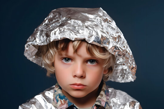 suspicious caucasian kid in foil hat looking into camera, neural network generated photorealistic image