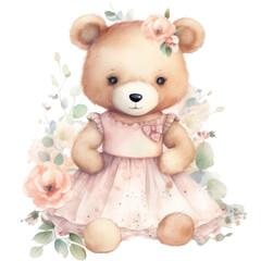 Cute Teddy bear girl in a pink dress with flowers, pretty sitting toy character, soft watercolor illustration isolated with a transparent background, baby invitation template design