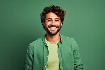 Fototapeta na wymiar Smiling Caucasian Man with a Charming Portrayal on a Green Studio Background