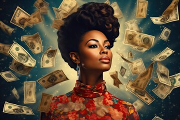 Successful luxury, chic, rich black African American woman with flying dollar banknotes and gold. Old money. Portrait of successful woman having a lot of money