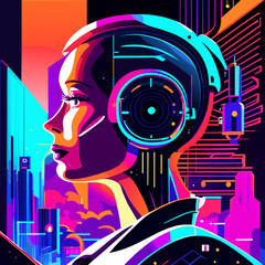 Vector illustration of the head of a women with headphones in the city.