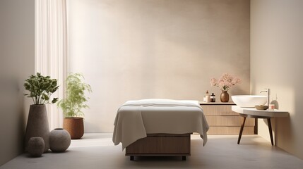 Spa massage room in beige tones and wood. Generative AI